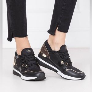 NIB Michael Kors Liv Trainer Signature Logo Sneakers Wedge Black Brown Gold